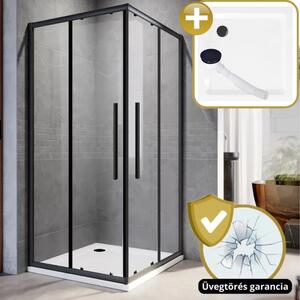Homedepo Elio+ Black 90x90 szögletes két tolóajtós zuhanykabin zuhanytálcával és fekete szifonnal, fekete elemekkel, 190 cm magas