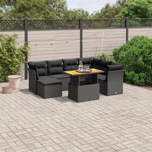 8 részes fekete polyrattan kerti ülőgarnitúra párnákkal