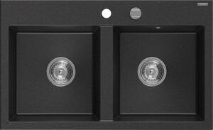 Mexen Hektor, 2 kamrás gránit mosogató 800x480x205 mm, fekete-ezüst metál, króm szifon, 6521802000-73