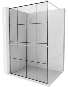 Mexen Kioto+, Walk-In zuhany paraván polccal és akasztóval 130 x 200 cm, 8 mm átlátszó üveg fekete mintás, csiszolt acél profil, 800-130-121-97-77