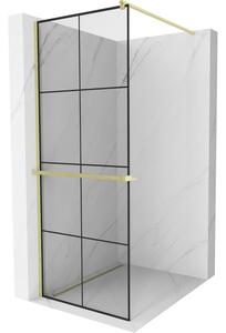 Mexen Kioto+, Walk-In zuhanyparaván polccal és akasztóval 90 x 200 cm, 8 mm átlátszó üveg fekete mintás, arany matt profil, 800-090-121-55-77