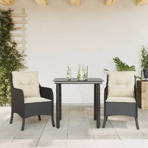 3 részes fekete polyrattan kerti étkezőgarnitúra párnákkal