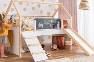 GINGER HOME Montessori gyerek emeletes házikó ágy csúszdával és krétatáblával – 90x200 cm ágyráccsal