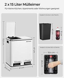 Konyhai szemetes, 2 x 15 literes acél szemetes, lépcsős szemetes belső vödrökkel és fogantyúkkal, puha záródással, szagszigeteléssel, fehér