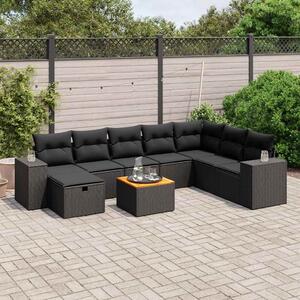 9 részes fekete polyrattan kerti ülőgarnitúra párnákkal