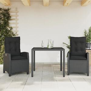 3 részes fekete polyrattan kerti étkezőgarnitúra párnákkal