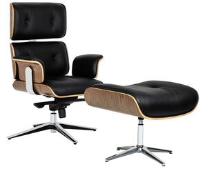 King Home Lounge Business Prémium Irodai Fotel Lábtartóval Diófa-Fekete Bőr