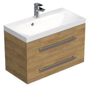 Fürdőszoba szekrény króm fogantyúkkal és mosdóval SAT Cube Way 80x53x40 cm tölgy Hickory matrac CUBE280ZDH
