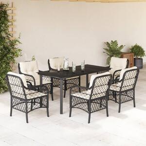 7 részes fekete polyrattan kerti étkezőgarnitúra párnával