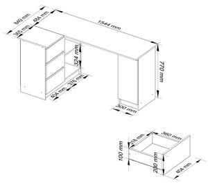 Sarok íróasztal - Akord Furniture - 155 cm - wenge / fehér (bal)