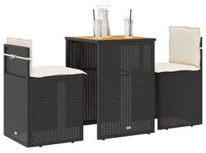 3 részes fekete polyrattan bisztrógarnitúra párnával