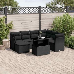 8 részes fekete polyrattan kerti ülőgarnitúra párnákkal