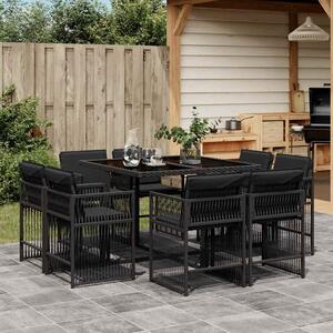 9 részes fekete polyrattan kerti étkezőgarnitúra párnákkal