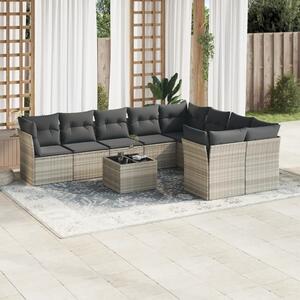 10 részes világosszürke polyrattan kerti ülőgarnitúra párnákkal