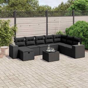 9 részes fekete polyrattan kerti ülőgarnitúra párnákkal
