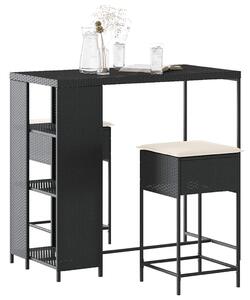 3 részes fekete polyrattan kerti bárszett párnával