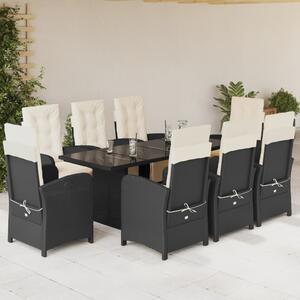 9 részes fekete polyrattan kerti étkezőgarnitúra párnákkal