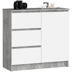 Akord Bútorüzem Jerry K80 Komód, 80 cm, 3 Fiókos, 1 Ajtós, Beton/Beltéri Fehér, Matt Felület, Laminált Bútorlap, ABS Élek, Önszerelés, CLP Rendszer, Szélesség: 80 cm, Magasság: 77 cm, Mélység: 35 cm