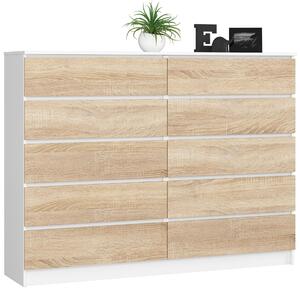 Akord Furniture Factory - K160 Stílusos CLP Komód, 10 Fiókos, Fehér és Sonoma Tölgy Dekor, 160 cm széles, Laminált Lappal, ABS Szegéllyel, Önösszeszerelés, Blokkolható Fiókokkal