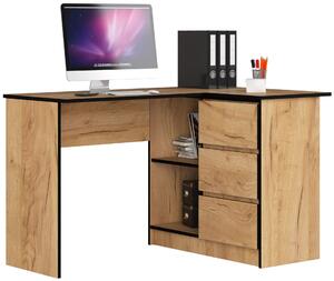 Akord Furniture Factory Sarok Íróasztal B16 - 124 cm, Jobbos, 3 Fiókos, Döntött Craft Tölgy, Laminált Lemez, ABS Élzárással, Matt Felület, Készletben Összeszerelésre Kész Bútor
