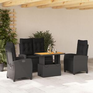 4 részes fekete polyrattan kerti étkezőszett párnákkal
