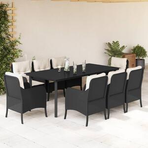 9 részes fekete polyrattan kerti étkezőgarnitúra párnákkal
