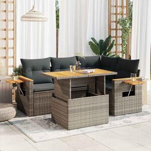 5 részes szürke polyrattan akácfa kerti ülőgarnitúra párnákkal