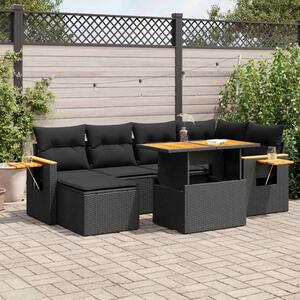 7 részes fekete polyrattan akácfa kerti ülőgarnitúra párnával