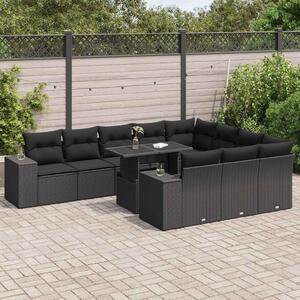 11 részes fekete polyrattan kerti ülőgarnitúra párnákkal