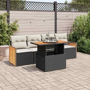 5 részes fekete polyrattan akácfa kerti kanapészett párnákkal