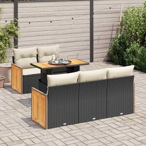 6 részes fekete polyrattan akácfa kerti ülőgarnitúra párnákkal