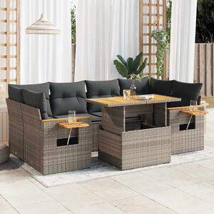 7 részes szürke polyrattan akácfa kerti ülőgarnitúra párnákkal