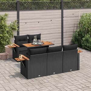 6 részes fekete polyrattan akácfa kerti ülőgarnitúra párnákkal