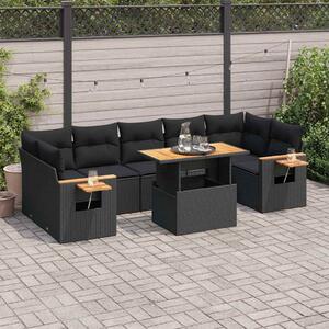 8 részes fekete polyrattan akácfa kerti ülőgarnitúra párnákkal