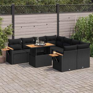 9 részes fekete polyrattan akácfa kerti ülőgarnitúra párnákkal