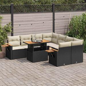 9 részes fekete polyrattan akácfa kerti ülőgarnitúra párnákkal