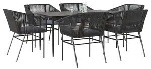 7 részes fekete polyrattan üveg kerti étkezőgarnitúra párnákkal