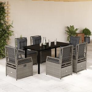 7 részes világosszürke polyrattan kerti étkezőszett párnával