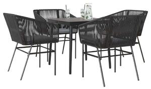 5 részes fekete polyrattan üveg kerti étkezőgarnitúra párnákkal