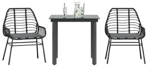 3 részes fekete polyrattan üveg kerti étkezőgarnitúra párnákkal
