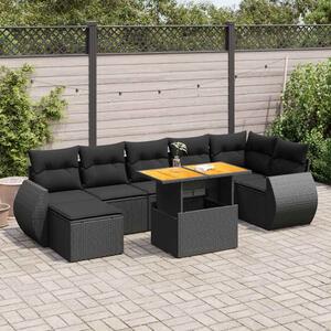 8 részes fekete polyrattan kerti ülőgarnitúra párnákkal