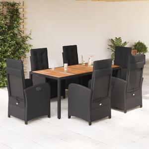 7 részes fekete polyrattan kerti étkezőgarnitúra párnával