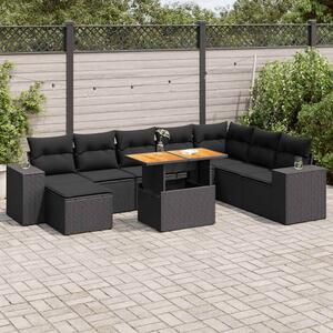 9 részes fekete polyrattan akácfa kerti ülőgarnitúra párnákkal