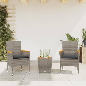3 részes szürke polyrattan/üveg bisztrógarnitúra párnákkal