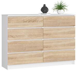 AKORD CLP K140 Komód 8 Fiókos Fehér/Sonoma Tölgy Laminált