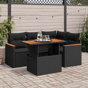 5 részes fekete polyrattan akácfa kerti kanapészett párnákkal