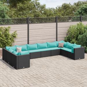 10 részes fekete polyrattan kerti ülőgarnitúra párnákkal