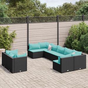 9 részes fekete polyrattan kerti ülőgarnitúra párnákkal