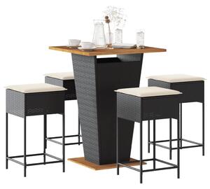 5 részes fekete polyrattan kerti bárszett párnával