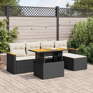 6 részes fekete polyrattan akácfa kerti ülőgarnitúra párnákkal